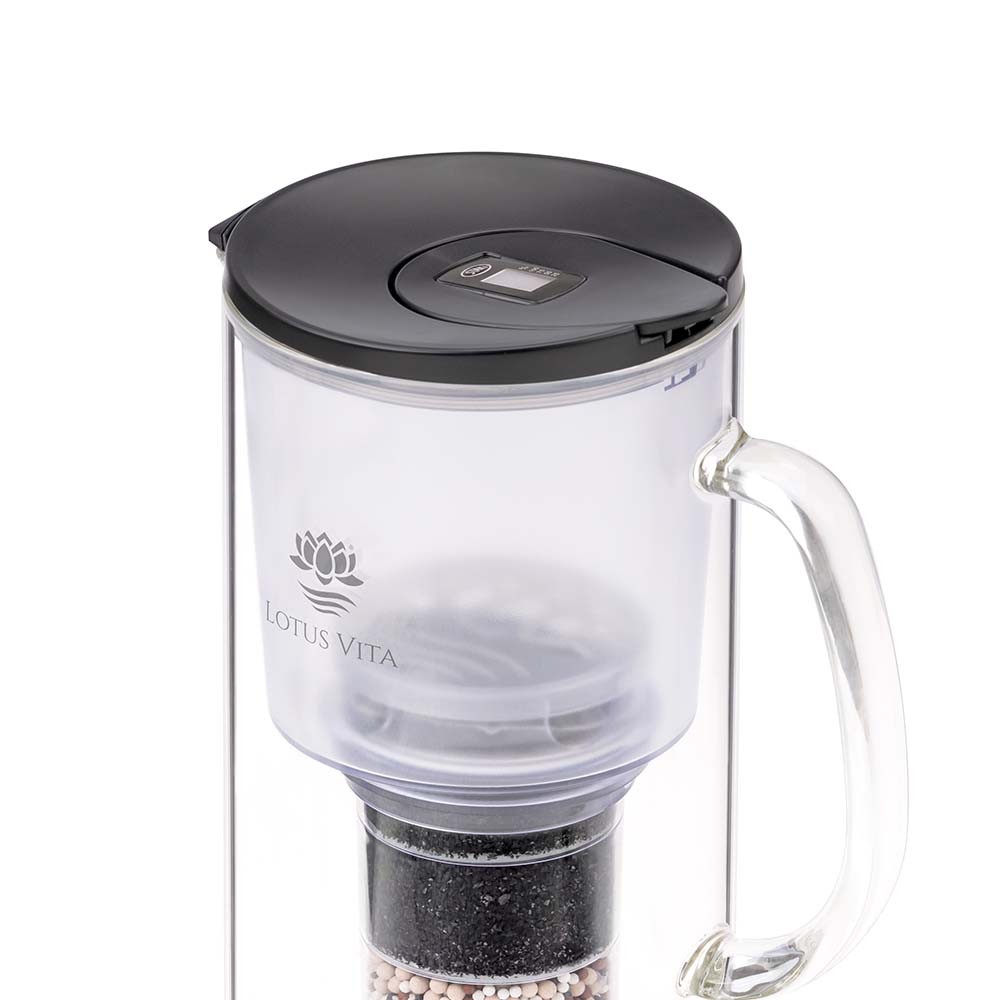 Eine Glas-Wasserfilterkanne von Lotus Vita mit einem schwarzen Kunststoffdeckel und sichtbarer Filterkartusche.