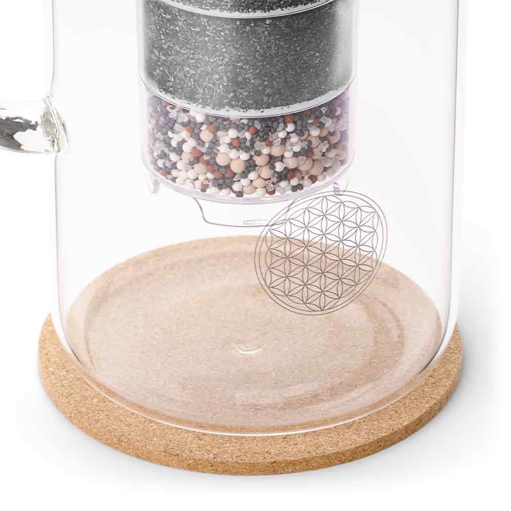 Detailaufnahme einer Wasserfilter-Glaskaraffe mit Blume des Lebens-Gravur und sichtbarer Filterkartusche auf einem Korksockel.