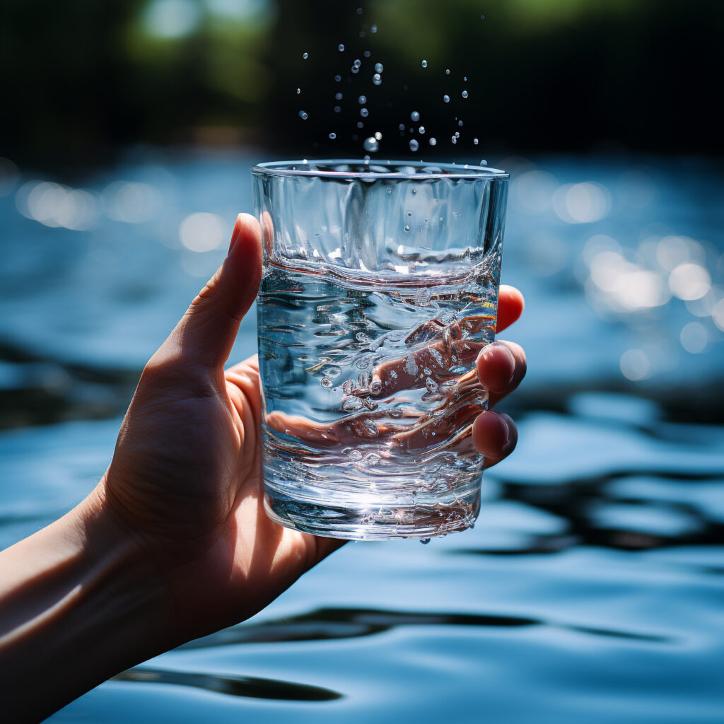 Eine Hand hält ein Glas mit klarem, sprudelndem Wasser, im Hintergrund eine glitzernde Wasserfläche in der Natur.