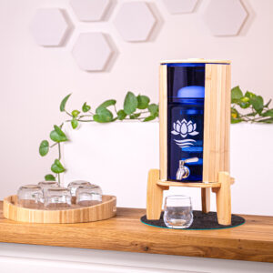 Ein Glas-Wasserfilter mit Bambusgehäuse und -ständer steht auf einer Holztheke, daneben ein Tablett mit Gläsern und eine grüne Pflanze im Hintergrund.