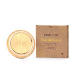 Runder Bambusdeckel mit goldener "Blume des Lebens" neben der dazugehörigen Kartonverpackung von Lotus Vita.