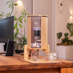 Ein Glas-Wasserfilter mit Bambusgehäuse steht auf einem hölzernen Schreibtisch, umgeben von Zimmerpflanzen.