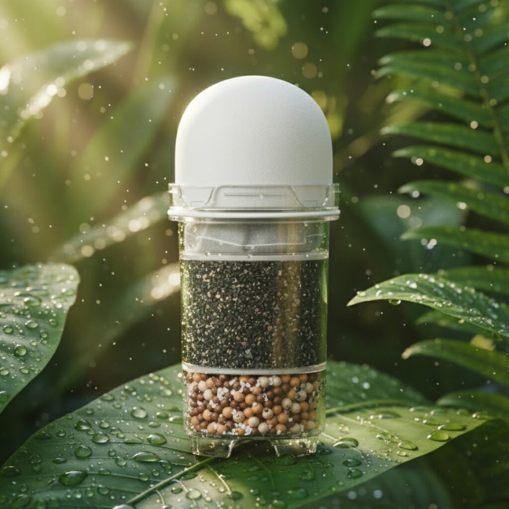 Eine mehrstufige Wasserfilter-Kartusche mit sichtbaren Filtermedien, platziert auf einem taufrischen, grünen Blatt in der Natur.